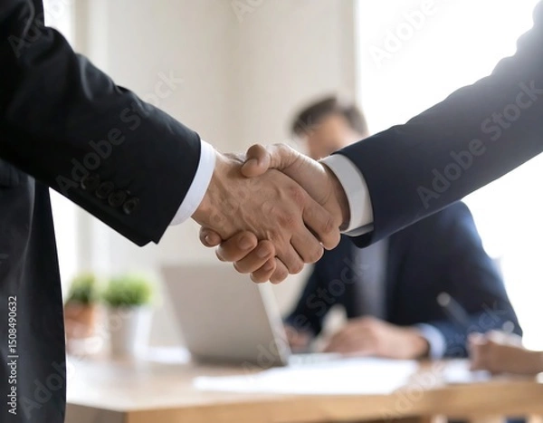 Fototapeta Close-up of two men in suits shaking hands, deal