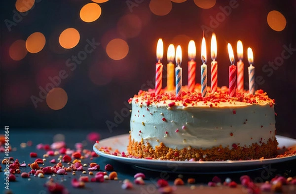 Fototapeta Cake with Glowing Candles on festive Background with bokeh, copy space