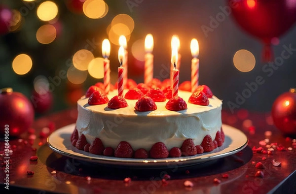 Fototapeta Cake with Glowing Candles on festive Background with bokeh, copy space