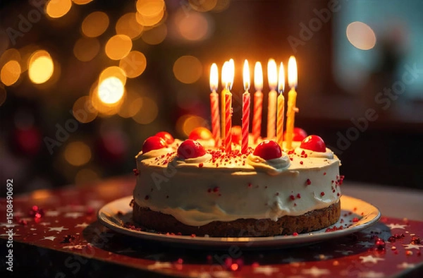 Fototapeta Cake with Glowing Candles on festive Background with bokeh, copy space