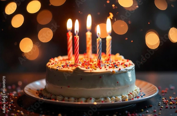 Fototapeta Cake with Glowing Candles on festive Background with bokeh, copy space