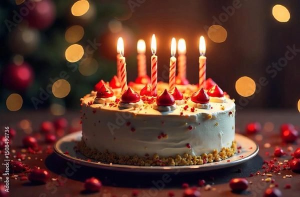 Fototapeta Cake with Glowing Candles on festive Background with bokeh, copy space
