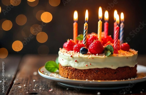 Fototapeta Cake with Glowing Candles on festive Background with bokeh, copy space