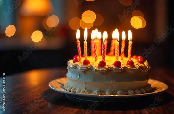 Fototapeta Cake with Glowing Candles on festive Background with bokeh, copy space