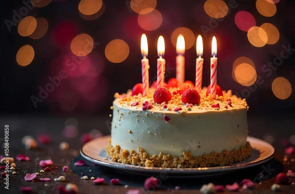 Fototapeta Cake with Glowing Candles on festive Background with bokeh, copy space