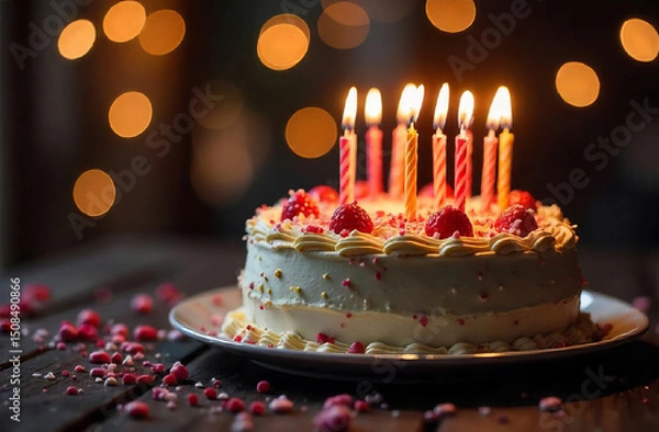 Fototapeta Cake with Glowing Candles on festive Background with bokeh, copy space