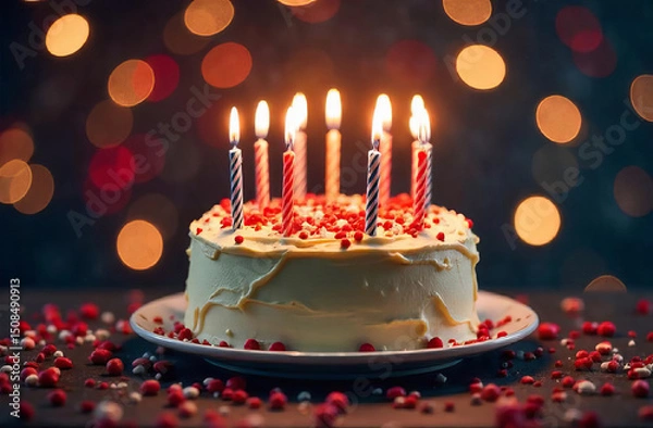 Fototapeta Cake with Glowing Candles on festive Background with bokeh, copy space