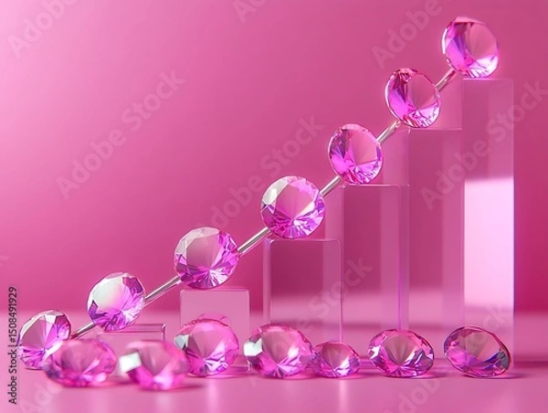 Fototapeta jewelry market concept with sparkling gems and abstract line graph rising in vibrant neon colors