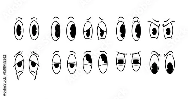 Fototapeta A set of Cartoon Eye Expressions With Various Emotions in a Simple Style. Funny Retro Eyesight Sticker Emojis in moods such as sad, angry, skeptical, etc.