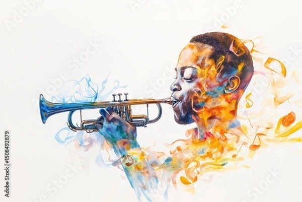 Fototapeta A soulful Cuban jazz musician plays trumpet as his form flows into abstract blues and oranges, evoking sound, rhythm, and expression.

