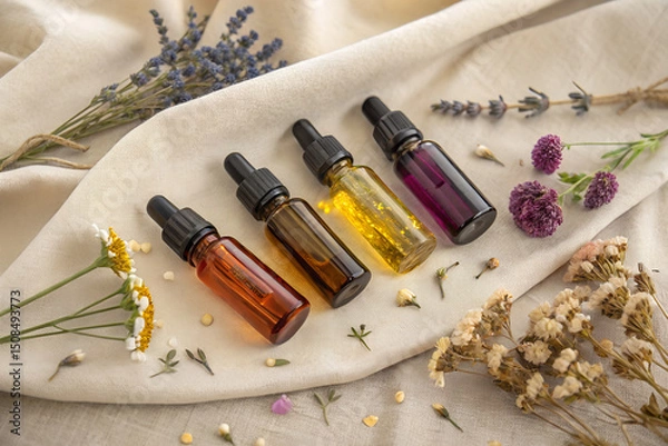 Obraz Aesthetic arrangement of essential oil bottles and dried flowers on a neutral fabric surface. Perfect for spa, wellness, and aromatherapy visuals.