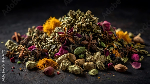 Fototapeta Colorful herbal tea blend with various spices and herbs on dark background.