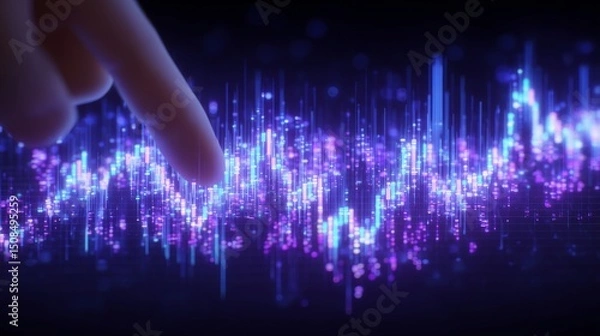 Fototapeta A businessman's hand points to a growth success finance business chart of metaverse technology, a financial graph and investment diagram set against an analysis stock market background with a digital