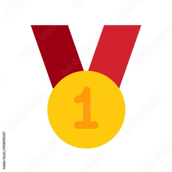 Fototapeta Gold medal with red ribbon. Champion golden trophy with number one. Prize in sport for winning first place in competition on transparent background. Champion and Winning Concept. Flat style