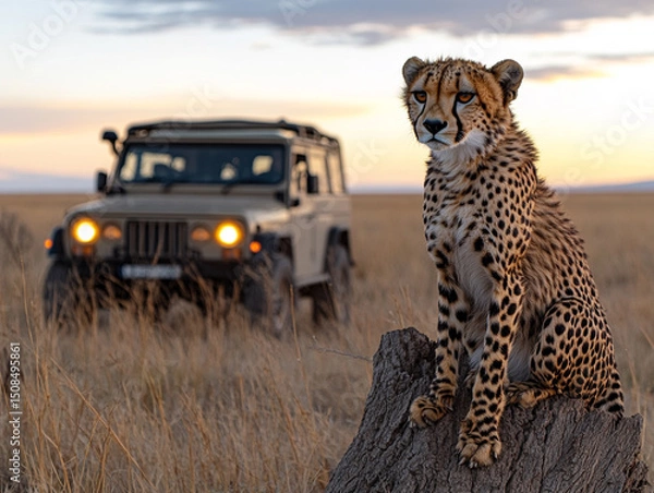 Fototapeta A cheetah (Acinonyx jubatus) sitting on a tree trunk in the evening sun, AI generated