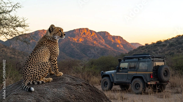 Fototapeta A cheetah (Acinonyx jubatus) sitting on a tree trunk in the evening sun, AI generated