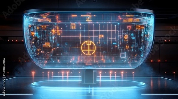 Obraz Futuristic holographic display with complex data visualization in a dark room