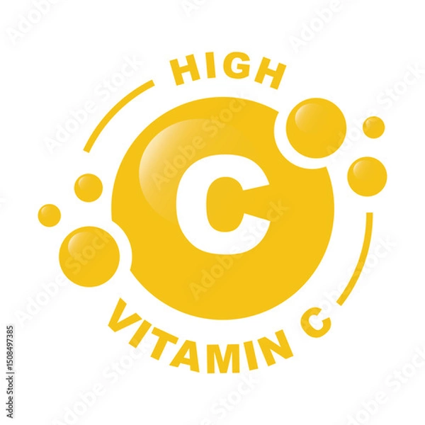 Obraz High content of vitamin C, atom structure with inscription - vector, icon.
