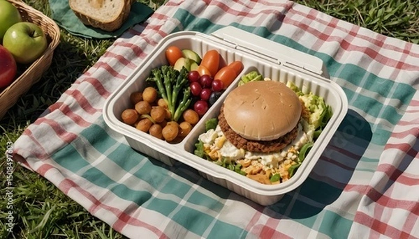 Fototapeta Delicious Portable Meal with Burger, Vegetables, and Fruits on a Picnic Blanket