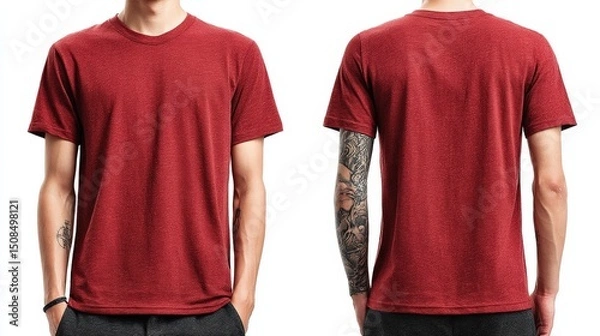Obraz A model showcasing a maroon t-shirt from both front and back, highlighting its fit and design