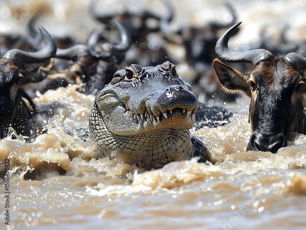 Fototapeta a crocodile attacks with open jaws a group of wildebeest and zebras as they cross a wide river in Tanzania during the great migration , ai generated