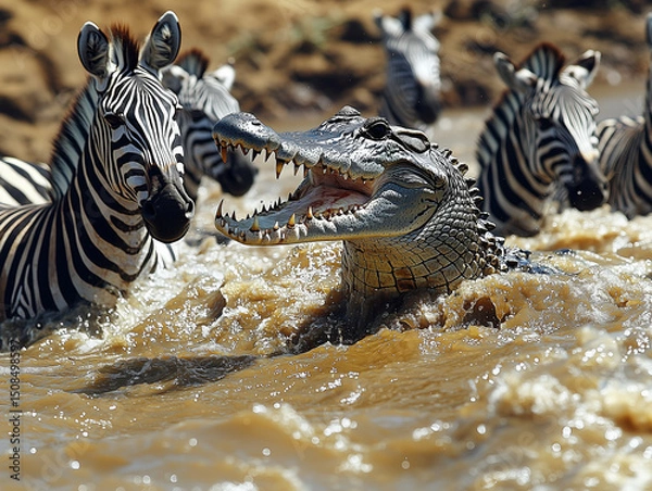 Fototapeta a crocodile attacks with open jaws a group of wildebeest and zebras as they cross a wide river in Tanzania during the great migration , ai generated