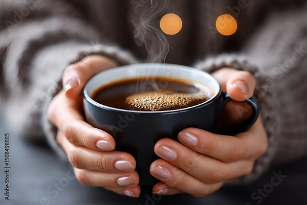Fototapeta Warm cup of coffee held in hands, steam rising from the surface, cozy atmosphere with blurred lights in the background, inviting comfort and relaxation in a serene setting