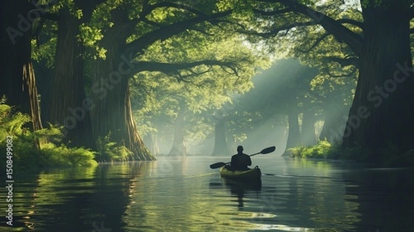 Obraz Kayaking Through Tranquil Waters: Exploring Nature's Serene Green Forest Canopy
