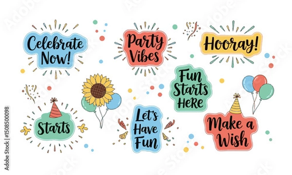 Fototapeta A vibrant collection of stickers with festive messages like "Celebrate Now!", "Party Vibes," and "Fun Starts Here," adorned with cheerful party elements.