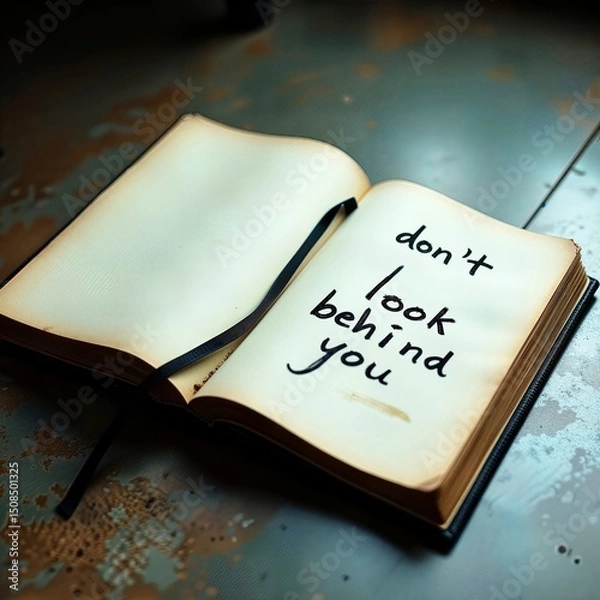 Fototapeta Open Notebook with “Don’t Look Behind You”  | old book with a bookmark