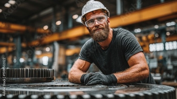 Obraz A skilled worker in protective gear examines large machinery in an industrial setting