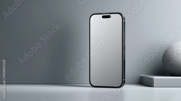 Fototapeta A sleek smartphone standing on a minimalist surface, reflecting soft light in a modern setting