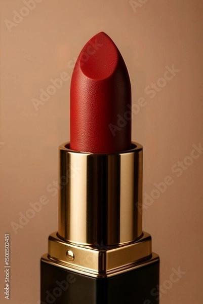 Fototapeta Ultra-Realistic Close-Up of Luxury Red Lipstick with Metallic Casing | red lipstick on a plain background