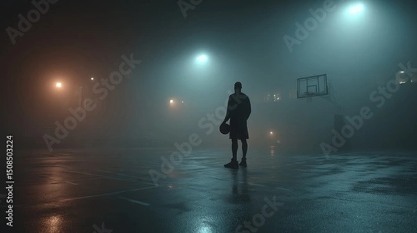 Obraz A solitary basketball player stands in a foggy court at night, illuminated by distant lights