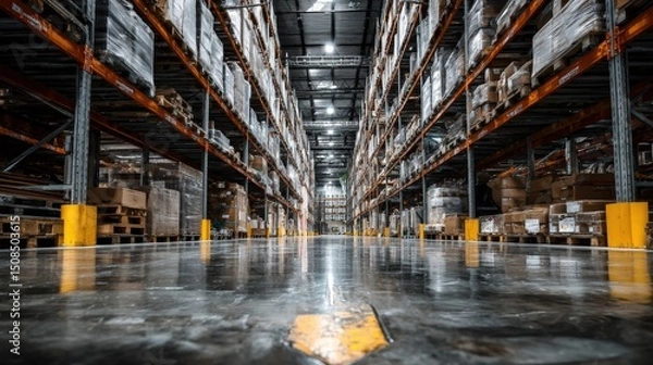 Obraz A spacious warehouse interior showcasing organized shelves filled with goods, reflecting efficient storage