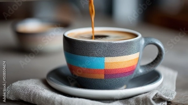 Obraz A steaming cup of coffee being poured into a colorful mug on a rustic wooden table, with a blurred background
