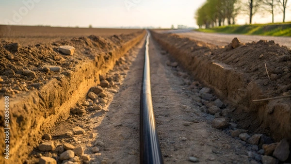 Fototapeta Rural Broadband Internet Connectivity Remote Work Long trench with a black cable running through it, surrounded by soil and trees under a clear sky.