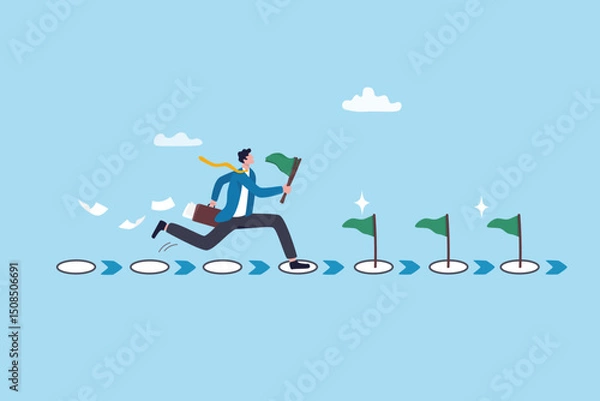 Obraz Milestone or roadmap achievement, business success journey, progress to reach goal, motivation to accomplishment, aspiration concept, businessman run to grab completed milestone success flag.