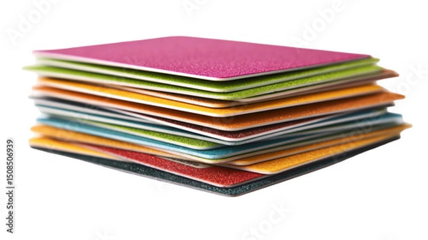 Fototapeta Colorful biodegradable cards are stacked, showcasing a vibrant array of colors and promoting eco conscious practices with a transparent background for easy integration into various designs