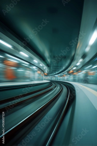 Fototapeta Blurred motion of subway tracks in futuristic underground station – abstract transportation speed concept