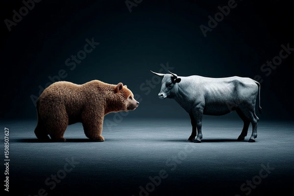 Obraz Bear in the shadow, bull in the light - a visual metaphor for the transition from decline to growth