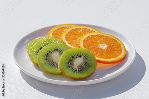 Fototapeta Sliced oranges and kiwis beautifully arranged on a plate with a bright, white background.