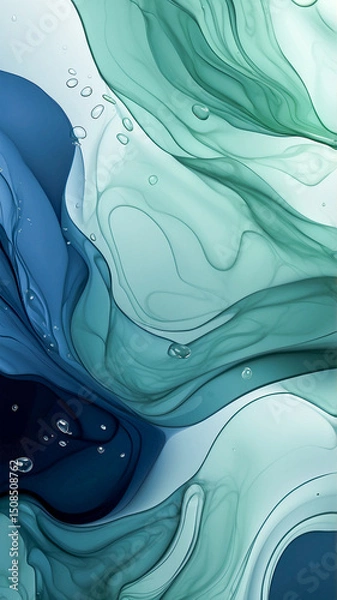 Fototapeta Light ink background with floating water droplets, gradients of dark blue and emerald green, subtle splashes of color