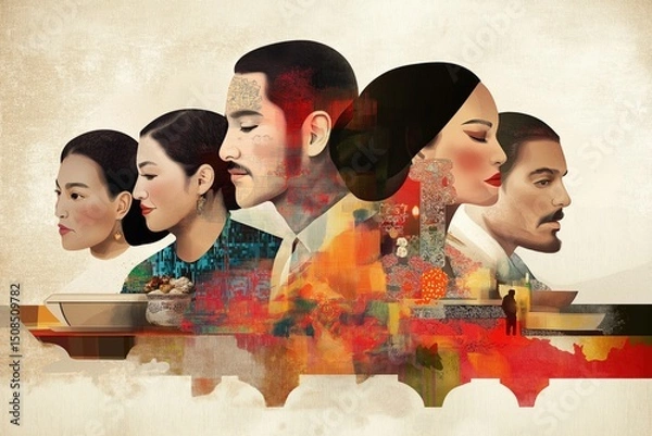 Fototapeta Illustrated artistic collage portraying diverse faces alongside cultural and architectural elements; perfect stock image for culture, diversity, and heritage projects.
