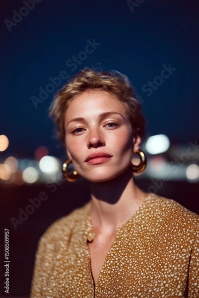 Obraz Confident woman portrait in evening light with bokeh city background