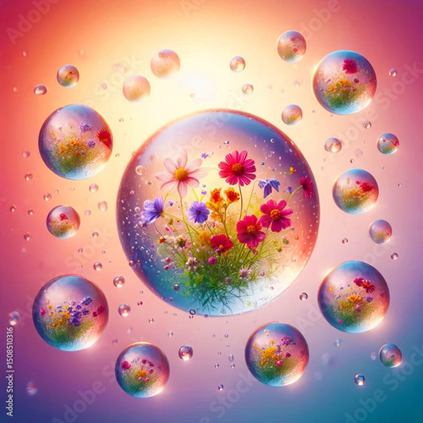 Fototapeta Levitating Flowers in Water Drops - Surreal Botanical Encapsulation Art