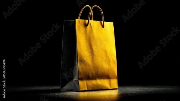 Obraz A stylish yellow and black shopping bag illuminated against a dark background, showcasing elegance