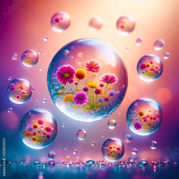 Fototapeta Levitating Flowers in Water Drops - Surreal Botanical Encapsulation Art