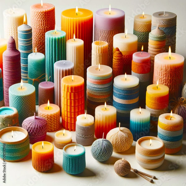 Fototapeta Colorful Handmade Candle Set Isolated - Artisan Wax Objects Photo
