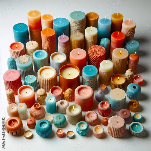 Fototapeta Colorful Handmade Candle Set Isolated - Artisan Wax Objects Photo
